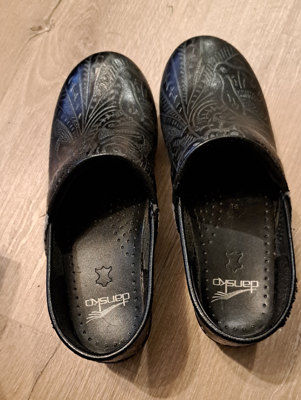 Dansko Black Embossed Leather Slip-On Clogs